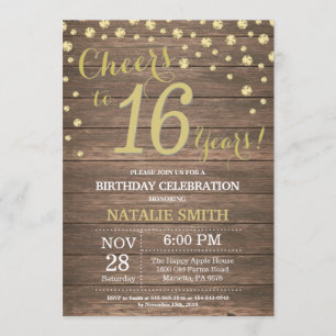Rustic Wood Gold 16th Birthday Diamond Invitation