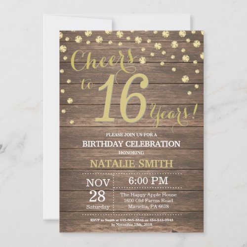 Rustic Wood Gold 16th Birthday Diamond Invitation