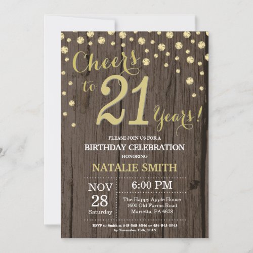Rustic Wood Gold 21st Birthday Diamond