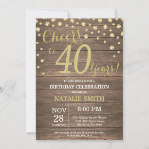 Rustic Wood Gold 40th Birthday Diamond Invitation
