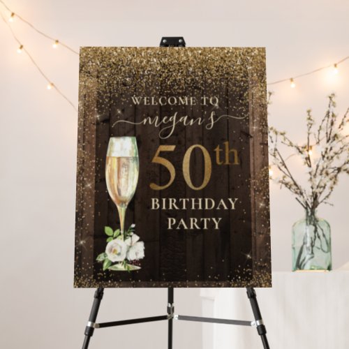 Rustic Wood Gold 50th Birthday Welcome Sign