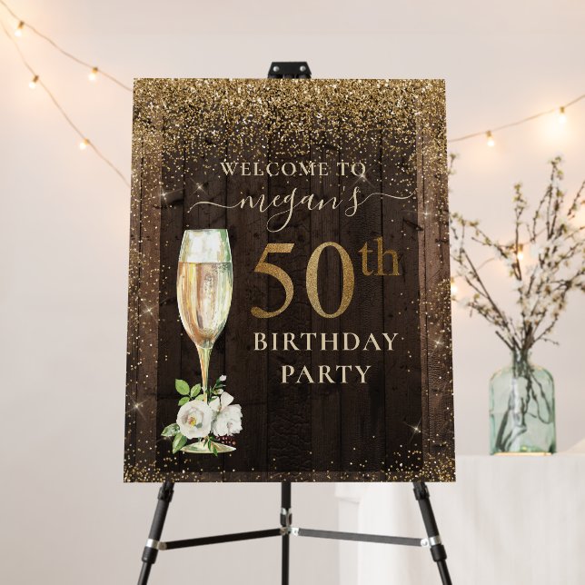 Rustic Wood Gold 50th Birthday Welcome Sign (In Situ (Stand))