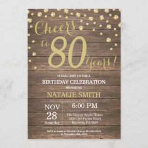 Rustic Wood Gold 80th Birthday Diamond Invitation