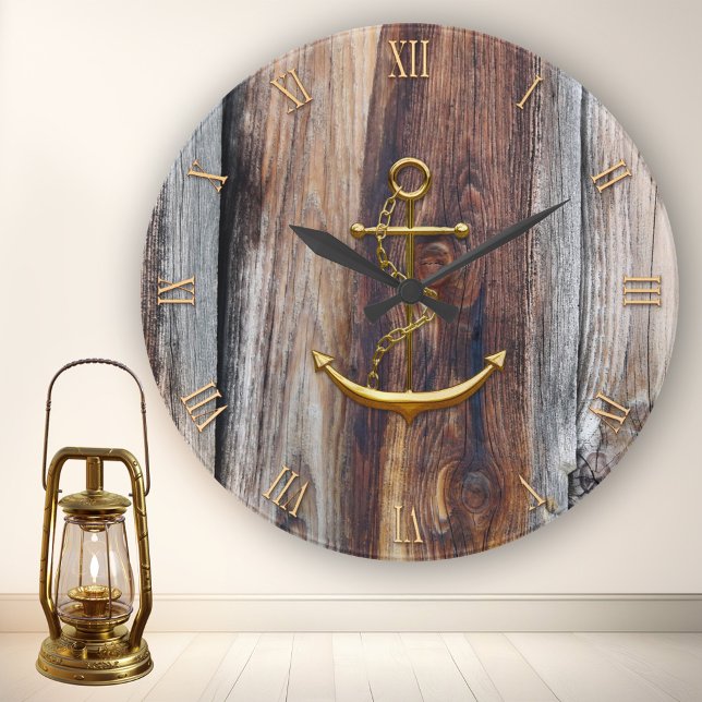 Rustic Wood Gold Anchor Nautical Wall Clock (Nautical wall clock featuring a golden anchor and roman numbers (optional) on rustic driftwood)