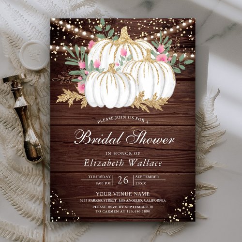  Rustic Wood Gold and White Pumpkins Bridal Shower Invitation