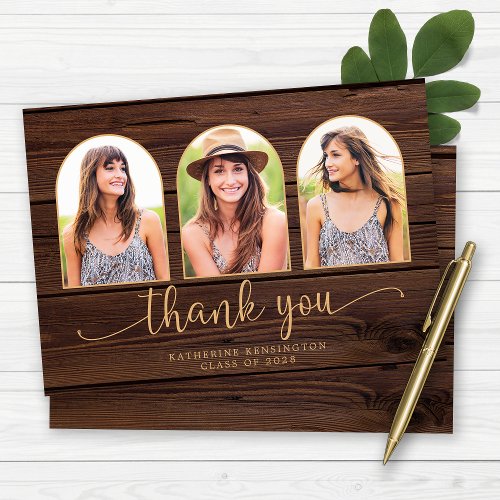 Rustic Wood Gold Arch 3 Photo Graduation Thank You Card