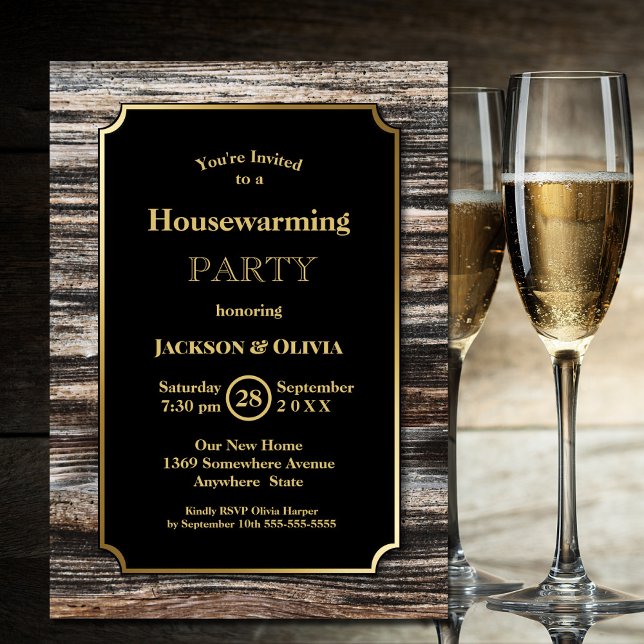 Rustic Wood Gold Border Housewarming Party Invitation (Creator Uploaded)