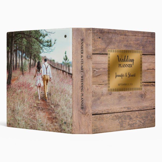 Rustic wood gold bride groom Wedding planner 3 Ring Binder (Background)