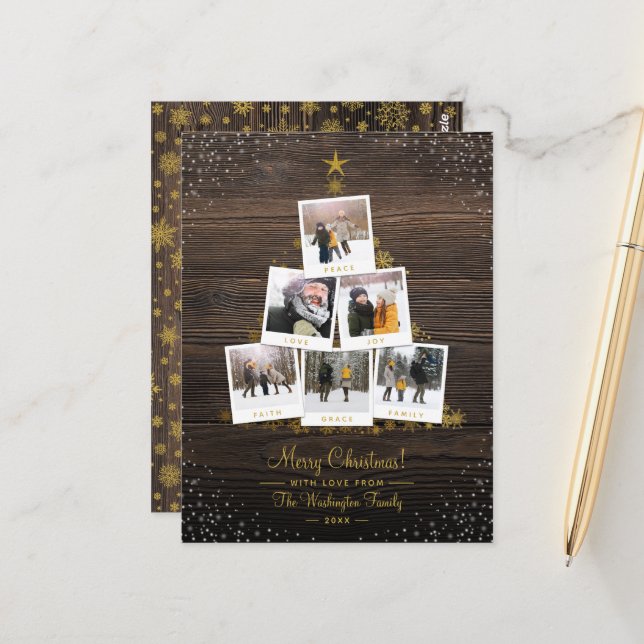 Rustic Wood & Gold | Christmas Tree Photo Collage Postcard (Front/Back In Situ)