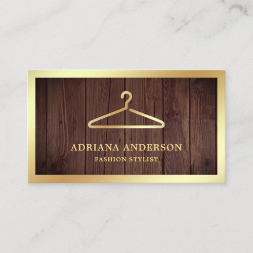Rustic Wood Gold Clothes Hanger Fashion Stylist Business Card
