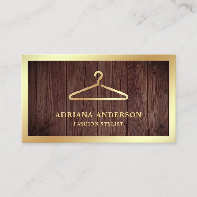 Rustic Wood Gold Clothes Hanger Fashion Stylist Business Card (Front)