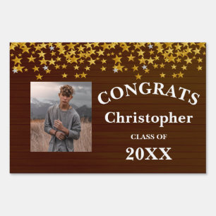 Rustic Wood Gold Confetti Stars Graduation Yard Sign