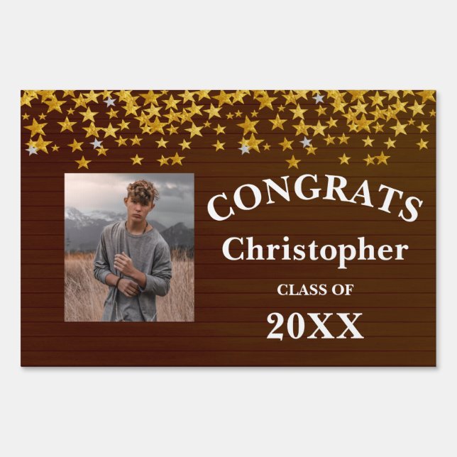 Rustic Wood Gold Confetti Stars Graduation Yard Sign (Front)