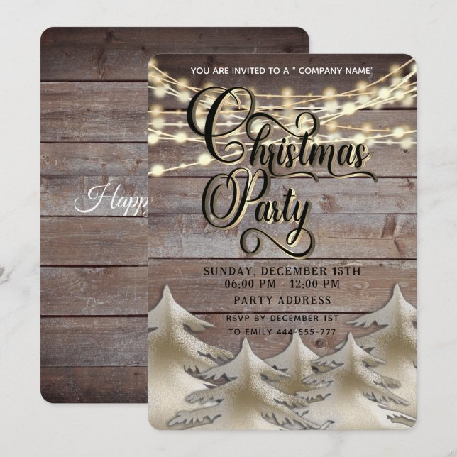 Rustic wood gold  corporate Christmas party  Invitation (Front/Back)