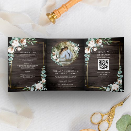 Rustic Wood Gold Cotton Eucalyptus QR Code Wedding Tri_Fold Invitation