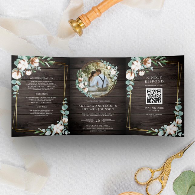 Rustic Wood Gold Cotton Eucalyptus QR Code Wedding Tri-Fold Invitation (Creator Uploaded)
