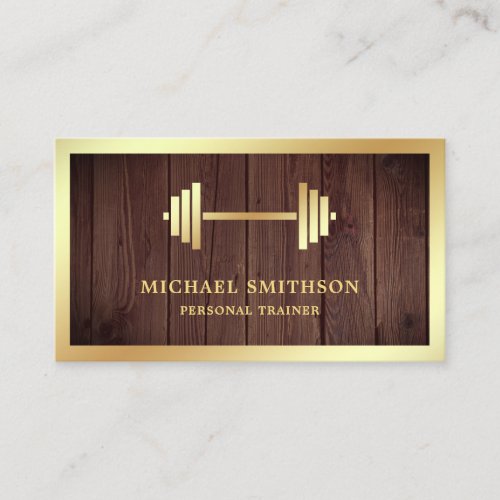 Rustic Wood Gold Dumbbell Fitness Personal Trainer Business Card
