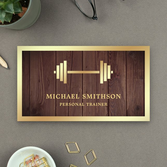 Rustic Wood Gold Dumbbell Fitness Personal Trainer Business Card (Creator Uploaded)