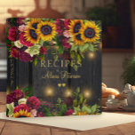 Rustic wood gold floral bridal shower recipes 3 ring binder<br><div class="desc">Rustic floral sunflowers and roses borders,  two golden hearts,  and an elegant faux gold typography script on a dark brown barn wood background with strings of twinkle lights making a beautiful personalized recipe binder.                              It can be a beautiful present for a bride or a newlywed couple!</div>