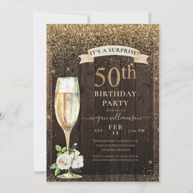 Rustic Wood Gold Floral Surprise 50th Birthday Invitation (Front)