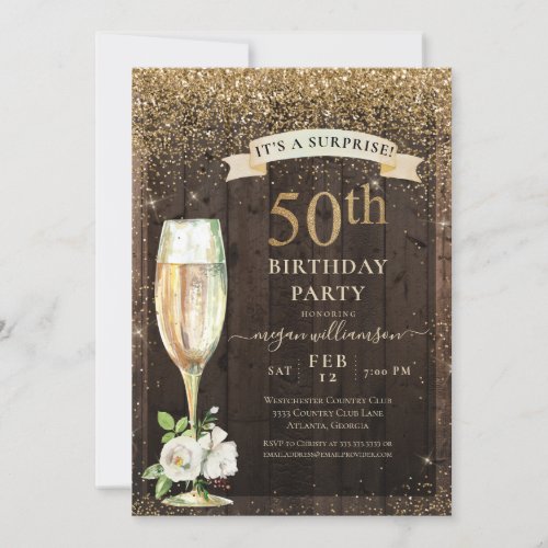 Rustic Wood Gold Floral Surprise 50th Birthday Invitation