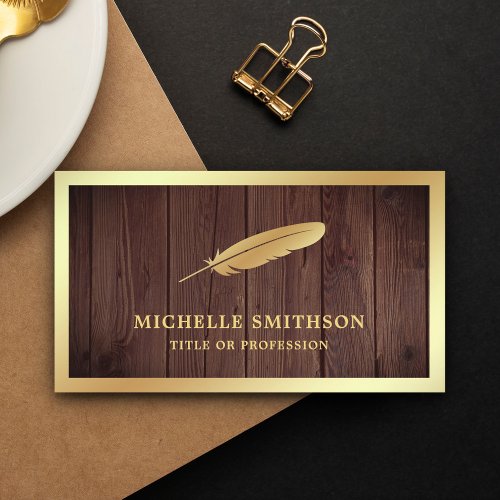 Rustic Wood Gold Foil Feather Vintage Quill Pen Business Card