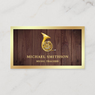 Rustic Wood Gold Foil French Horn Music Teacher Business Card