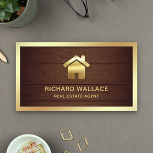 Rustic Wood Gold Foil Home Logo Real Estate Agent Business Card
