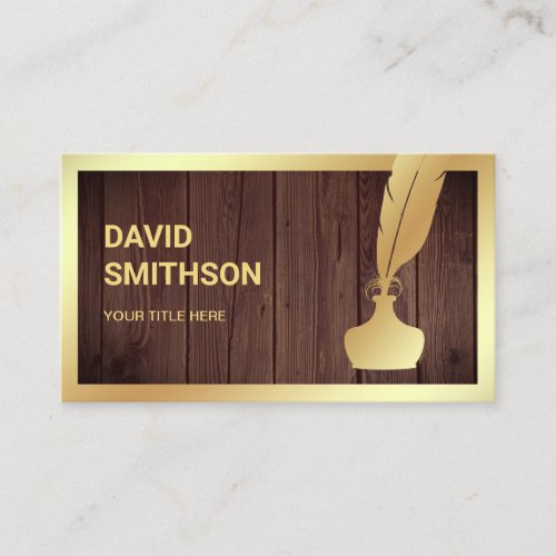 Rustic Wood Gold Foil Inkwell Feather Quill Pen Business Card