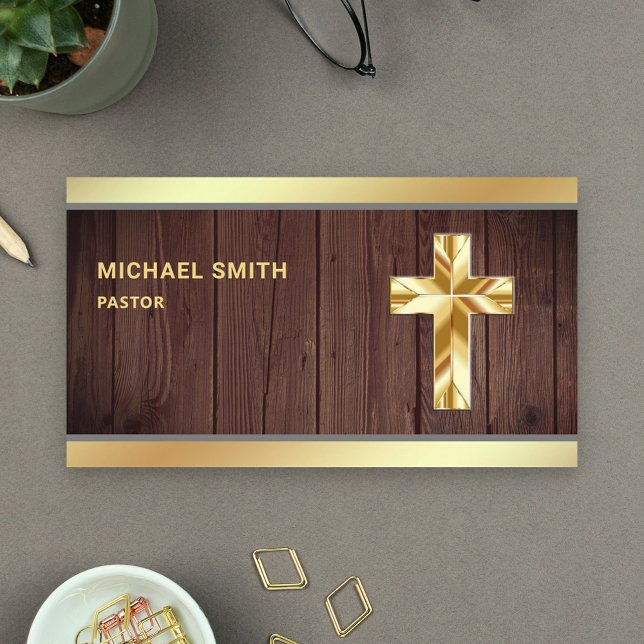 Rustic Wood Gold Foil Jesus Christ Cross Pastor Business Card (Creator Uploaded)