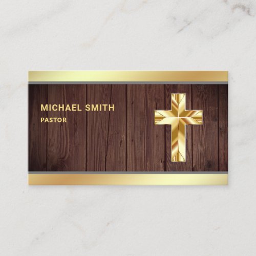 Rustic Wood Gold Foil Jesus Christ Cross Pastor Business Card