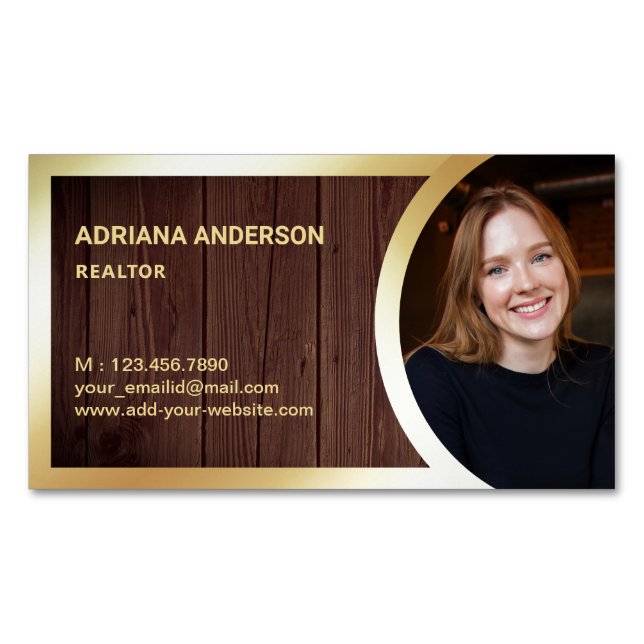Rustic Wood Gold Foil Real Estate Photo Realtor Business Card Magnet (Front)