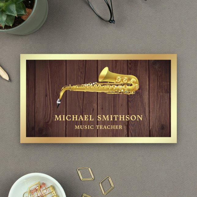 Rustic Wood Gold Foil Saxophone Music Teacher Business Card (Creator Uploaded)