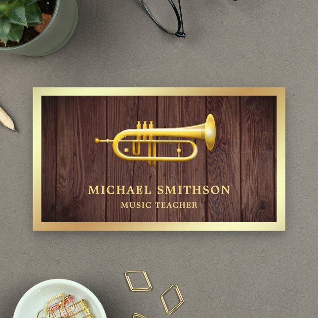 Rustic Wood Gold Foil Trumpet Music Teacher Business Card (Creator Uploaded)