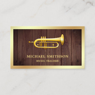 Rustic Wood Gold Foil Trumpet Music Teacher Business Card