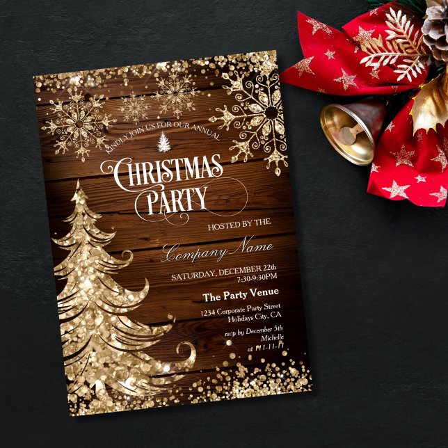 Rustic Wood Gold Glitter Corporate Christmas Party Invitation (GLITER GOLD CHRISTMAS TREES ON THE WOOD BACKGROUND,  CHRISTMAS PARTY INVITATION)