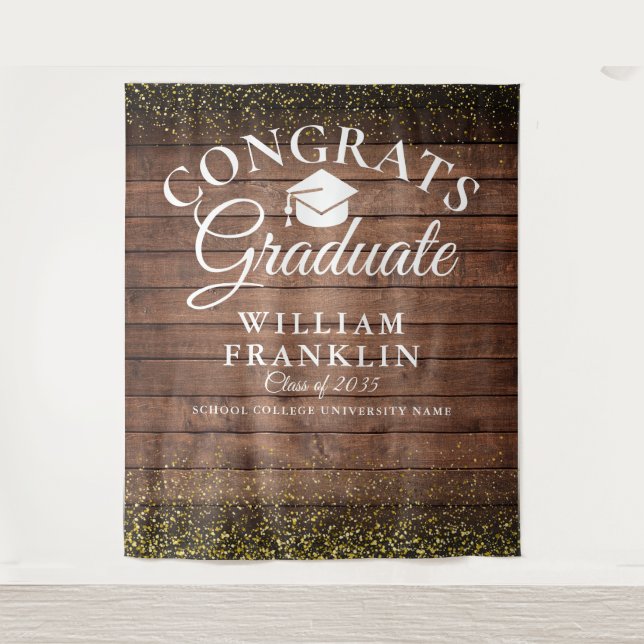 Rustic Wood Gold Glitter Graduation Photo Backdrop (Front)