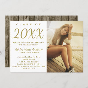 Rustic Wood Gold Graduation Party Photo Invitation