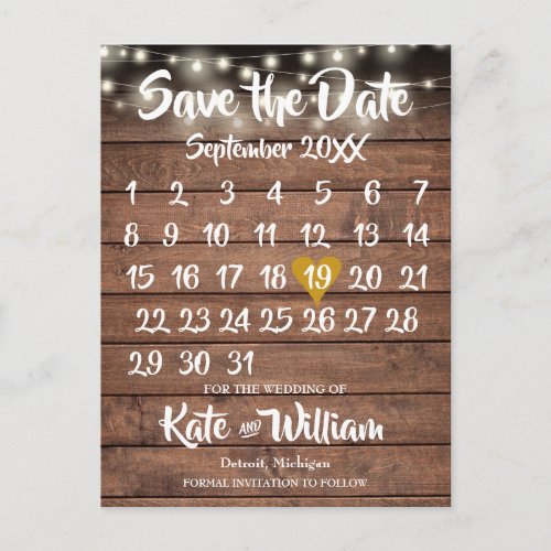 Rustic Wood Gold Heart Calendar Save the Date Announcement Postcard