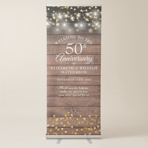 Rustic Wood Gold Hearts 50th Anniversary Welcome Retractable Banner