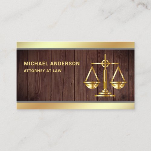 Rustic Wood Gold Justice Scale Lawyer Attorney Business Card