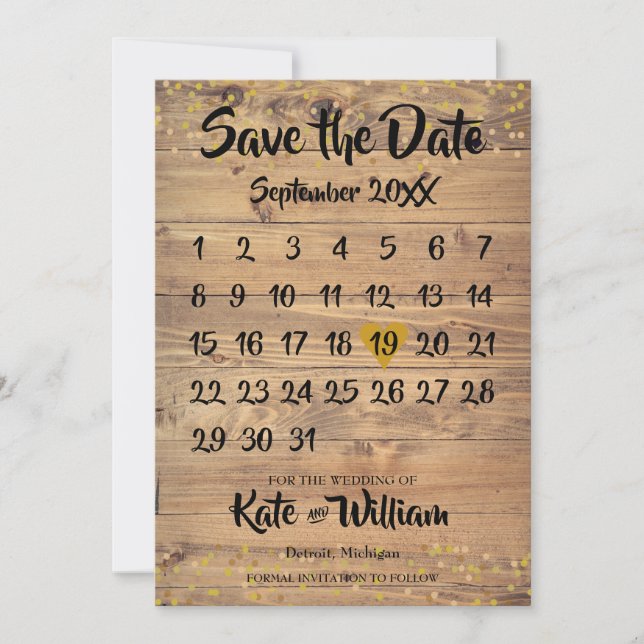 Rustic Wood Gold Love Heart Calendar Save the Date (Front)