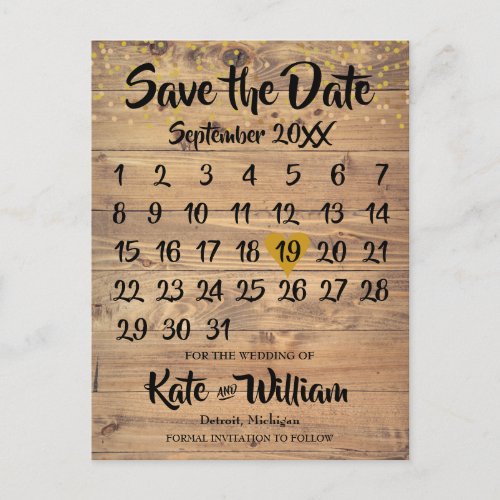 Rustic Wood Gold Love Heart Calendar Save the Date Announcement Postcard