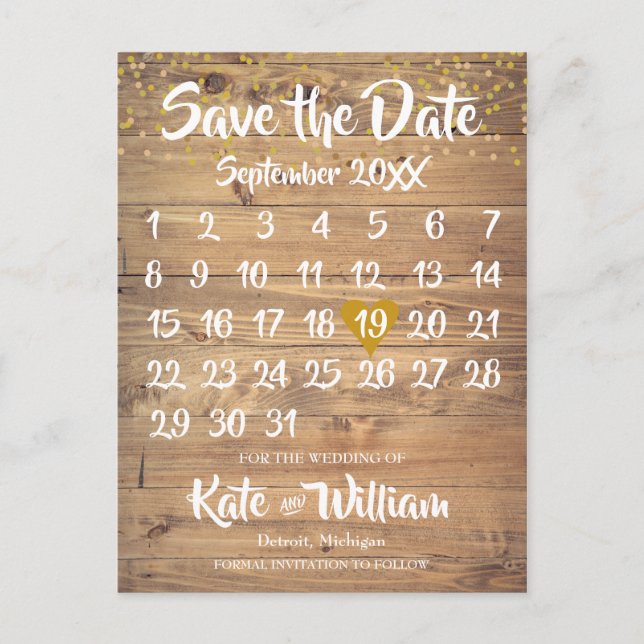 Rustic Wood Gold Love Heart Calendar Save the Date Announcement Postcard (Front)