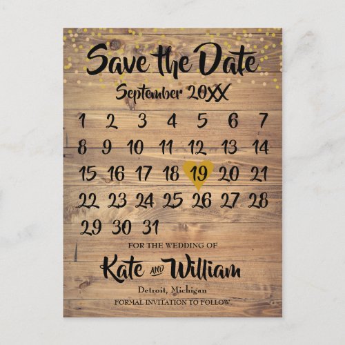 Rustic Wood Gold Love Heart Calendar Save the Date Announcement Postcard