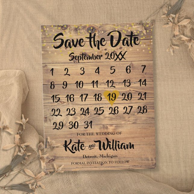 Rustic Wood Gold Love Heart Calendar Save the Date Announcement Postcard (Rustic Wood Gold Love Heart Calendar Save the Date Announcement Postcard)
