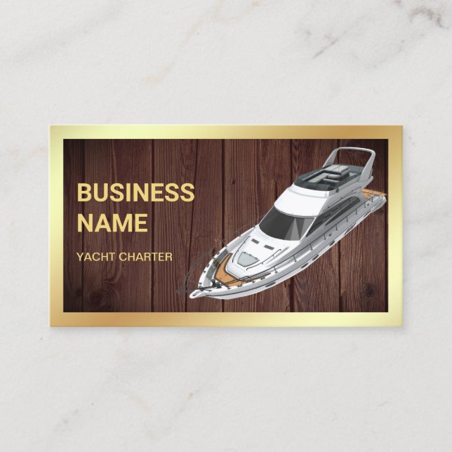 Rustic Wood Gold Luxury Yacht Charter Business Card (Front)