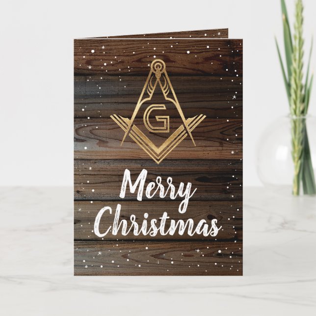 Rustic Wood Gold Masonic Christmas Cards (Front)
