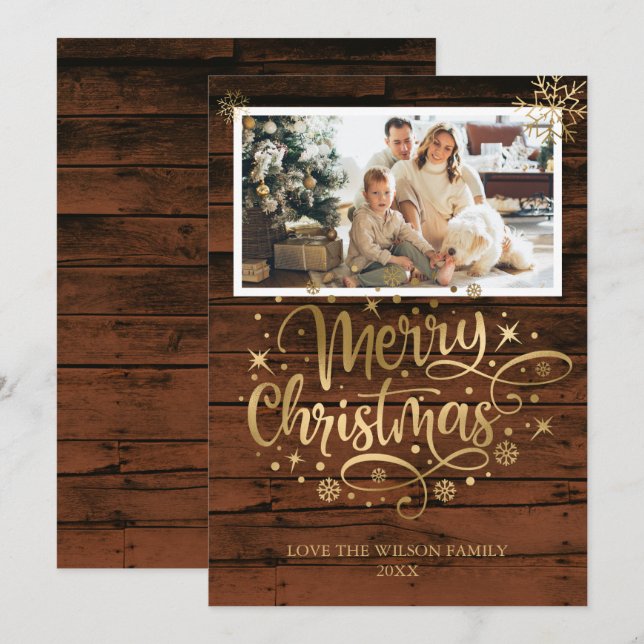 Rustic Wood Gold Merry Christmas Photo Card (Front/Back)