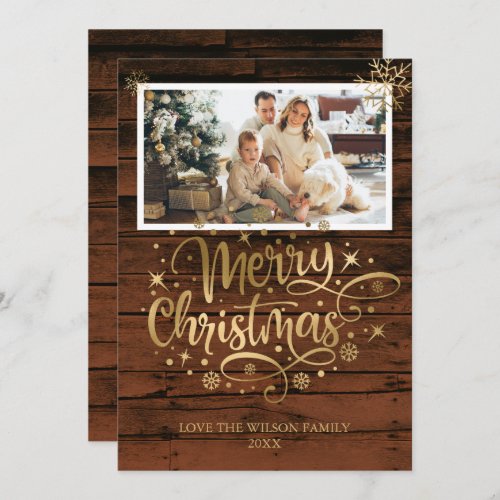 Rustic Wood Gold Merry Christmas Photo Card